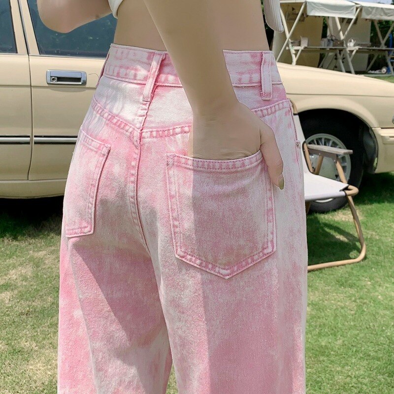 Pink Woman&s Jeans High Waist 2022 Summer Wide Leg Denim Trouser Baggy Streetwear Chic Design Ladies Vintage Straigh